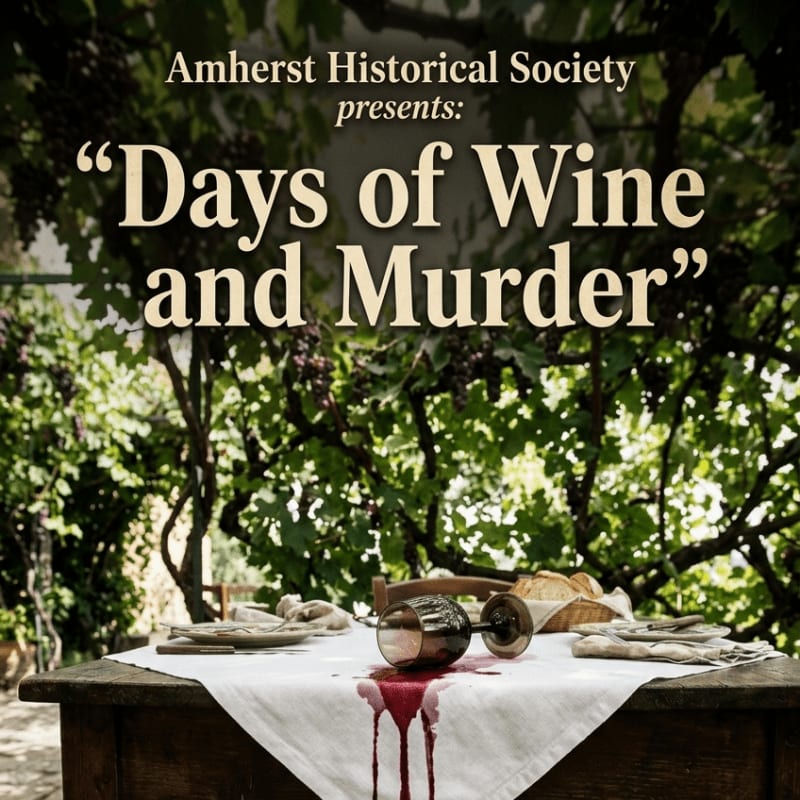 A spilled glass of red wine stains a white tablecloth set for a meal, with lush green foliage and grapevines forming the backdrop.