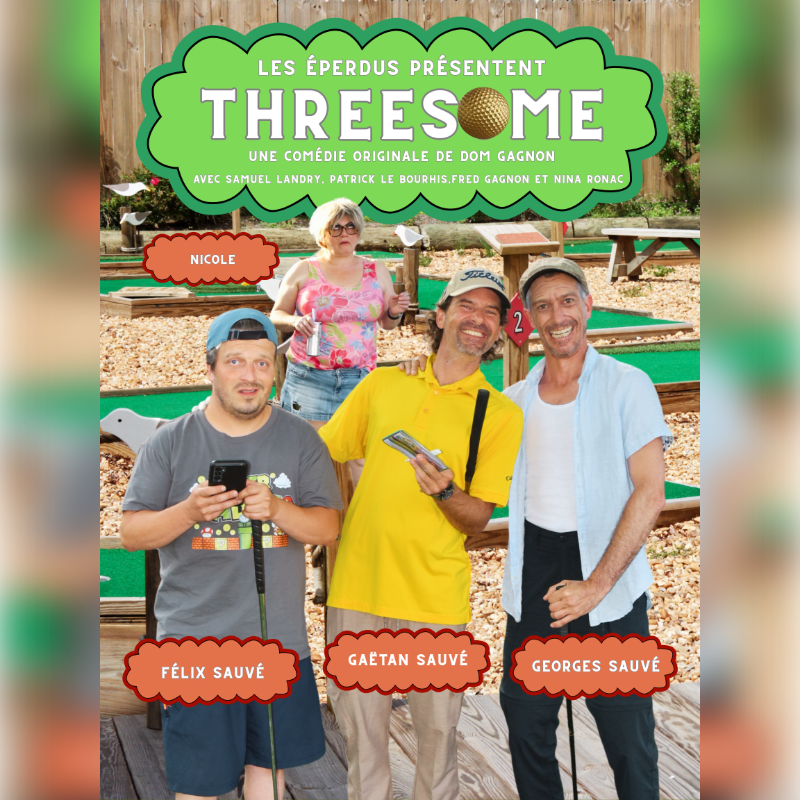 Three men and a woman stand on a miniature golf course, with the title "THREESOME" prominently displayed above them.