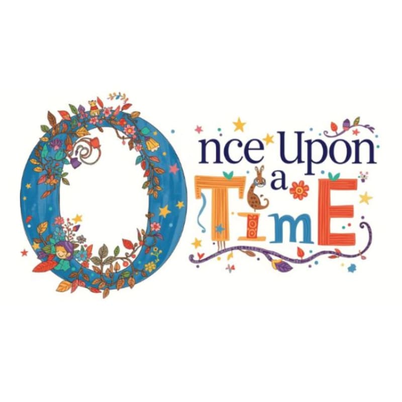 A large, ornate blue letter "O" adorned with flowers and leaves is on the left, while the words "nce Upon a Time" in colorful, whimsical lettering with small decorative elements fill the right side of the white background.