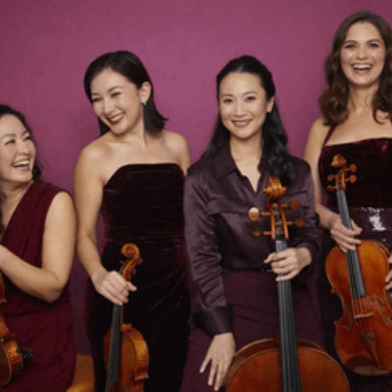 Four women in formal attire smile while holding their string instruments against a purple background.