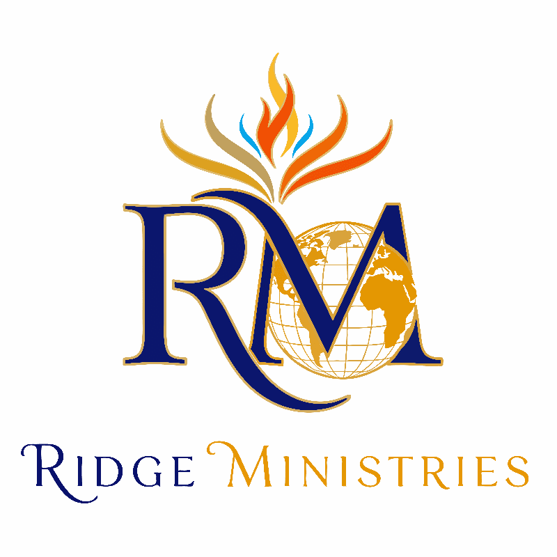 A stylized "RM" logo with a globe and flames in the foreground is set against a white background, with "Ridge Ministries" written below.