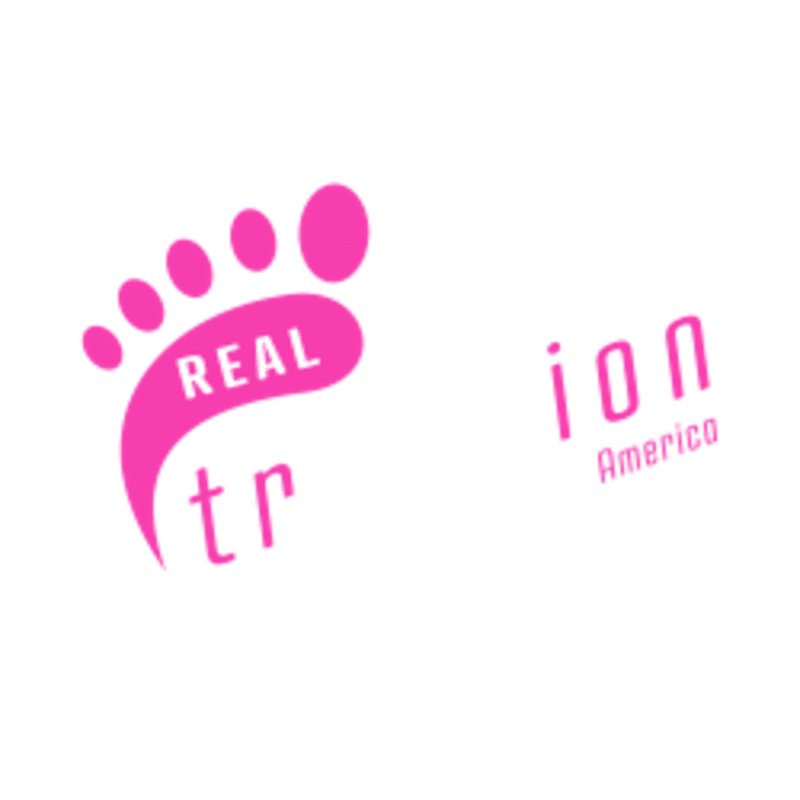 A pink footprint with "REAL tr" inside it is in the foreground, while "ion America" is in the background.