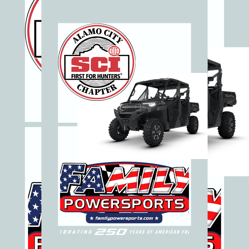 A black UTV is featured in the foreground with logos for Alamo City SCI Chapter and Family Powersports in the background.