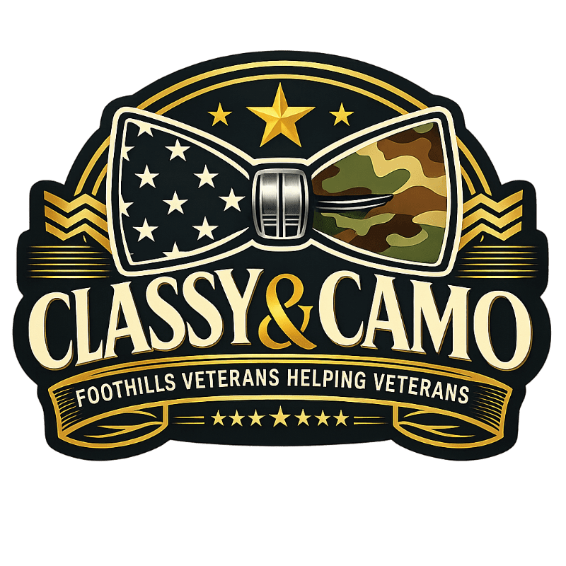A bowtie with one side featuring the American flag and the other camouflage is centered above the text "CLASSY & CAMO" and "FOOTHILLS VETERANS HELPING VETERANS" on a dark background with gold accents.