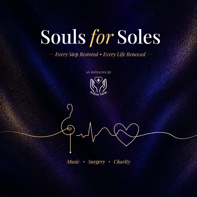 A dark, sparkling background frames the "Souls for Soles" logo, featuring a treble clef, a heartbeat line, and a heart, with the words "Music," "Surgery," and "Charity" below.