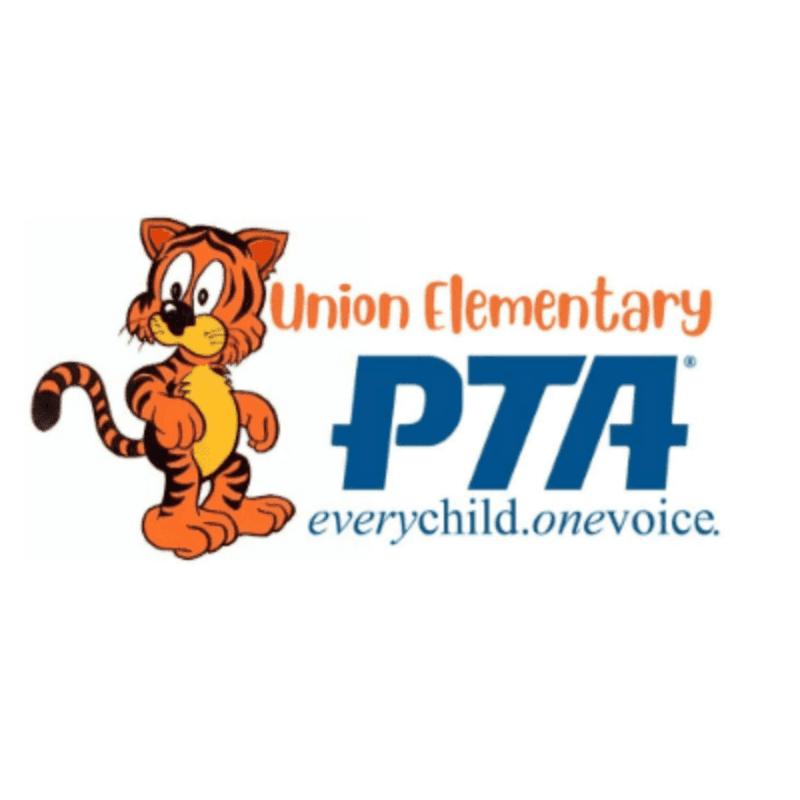A cartoon tiger stands to the left of the "Union Elementary PTA" logo on a white background.