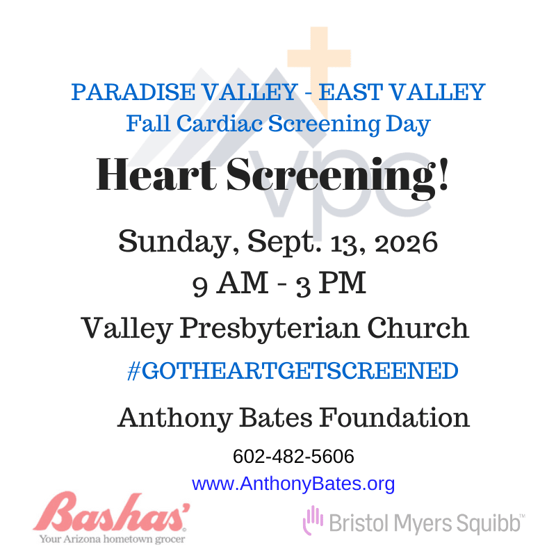 A white background displays text advertising a "Fall Cardiac Screening Day" at Valley Presbyterian Church on Sunday, September 13, 2026, with sponsor logos at the bottom.