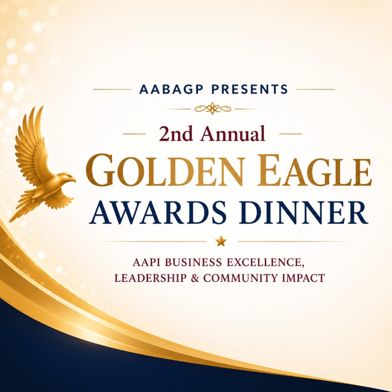 A golden eagle is featured on the left foreground of a cream-colored background with text announcing the "2nd Annual Golden Eagle Awards Dinner" and a dark blue wave at the bottom.
