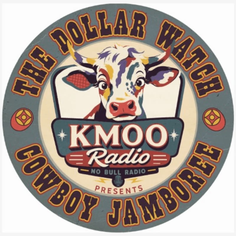 A colorful, cartoonish cow with "KMOO Radio" and "Cowboy Jamboree" text surrounds it in a circular logo.