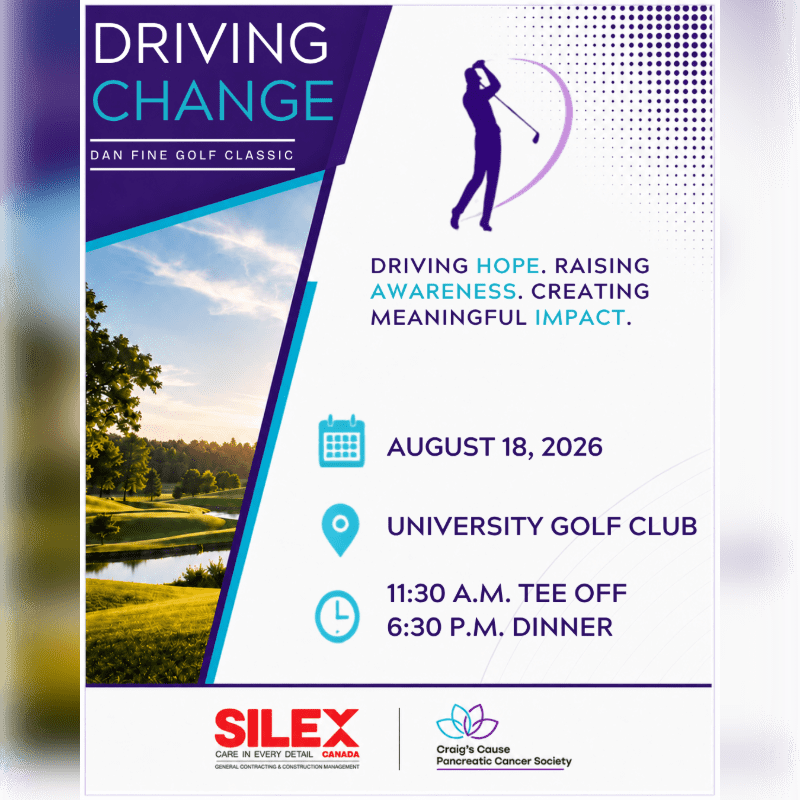 A golf course with a pond and trees in the foreground is on the left, while the right side features event details for the "Driving Change Dan Fine Golf Classic" on August 18, 2026.