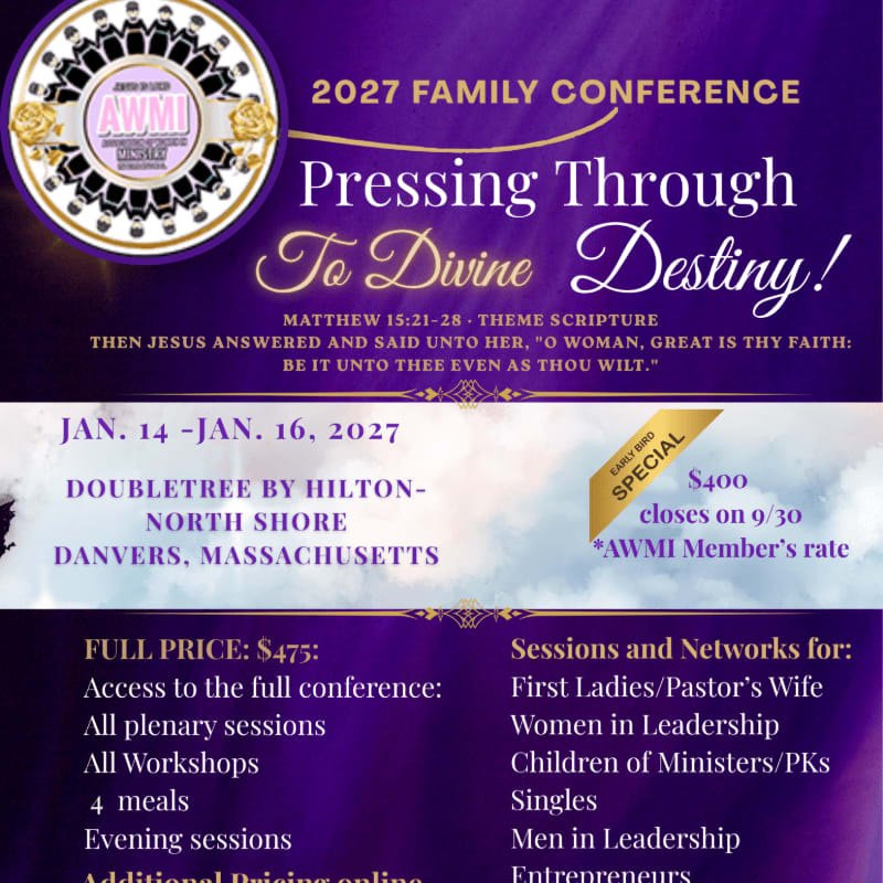 A purple banner advertises the 2027 Family Conference "Pressing Through To Divine Destiny!" with event details in the foreground and a circular logo at the top left.