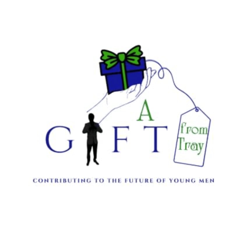 A hand holds a blue gift box with a green ribbon in the foreground, while the background features the text "A GIFT from Tray" and "CONTRIBUTING TO THE FUTURE OF YOUNG MEN."