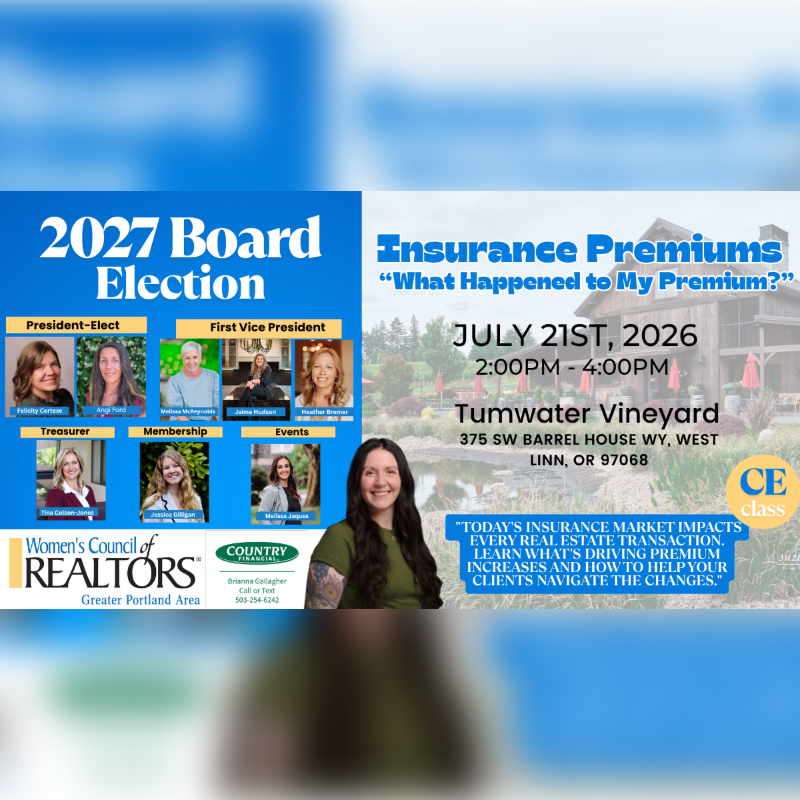 A woman with tattoos on her arm stands in the foreground in front of a flyer advertising a 2027 Board Election and an insurance premiums seminar at Tumwater Vineyard.