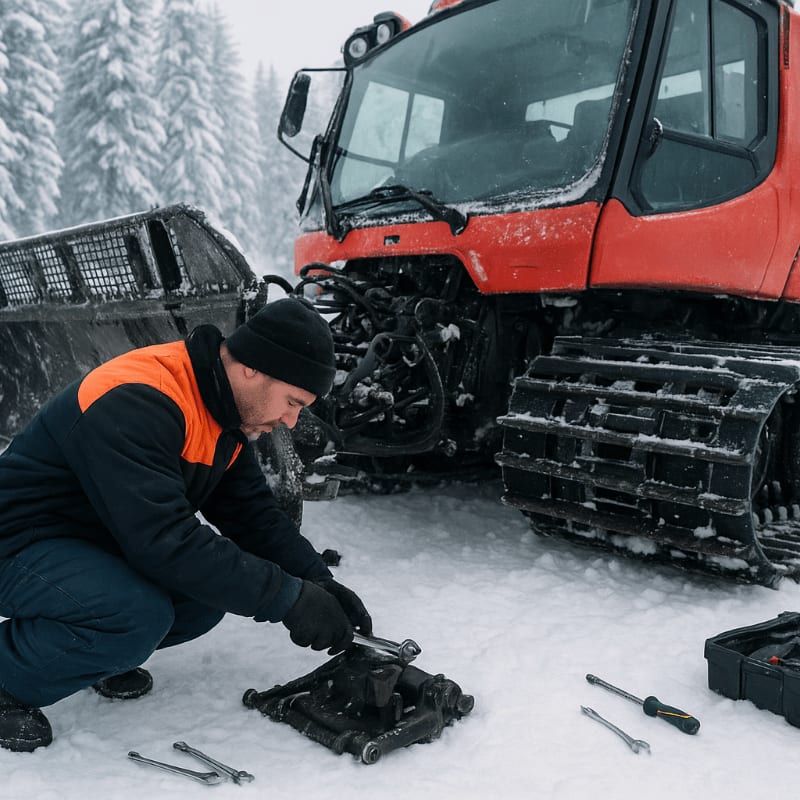 A man in an orange and black jacket kneels in the snow, working on a piece of machinery in front of a large red snowcat, with a snowy forest in the background.