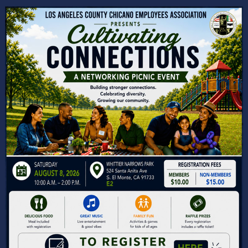 A group of people enjoy a picnic in a park with a playground in the background, advertising a networking event.