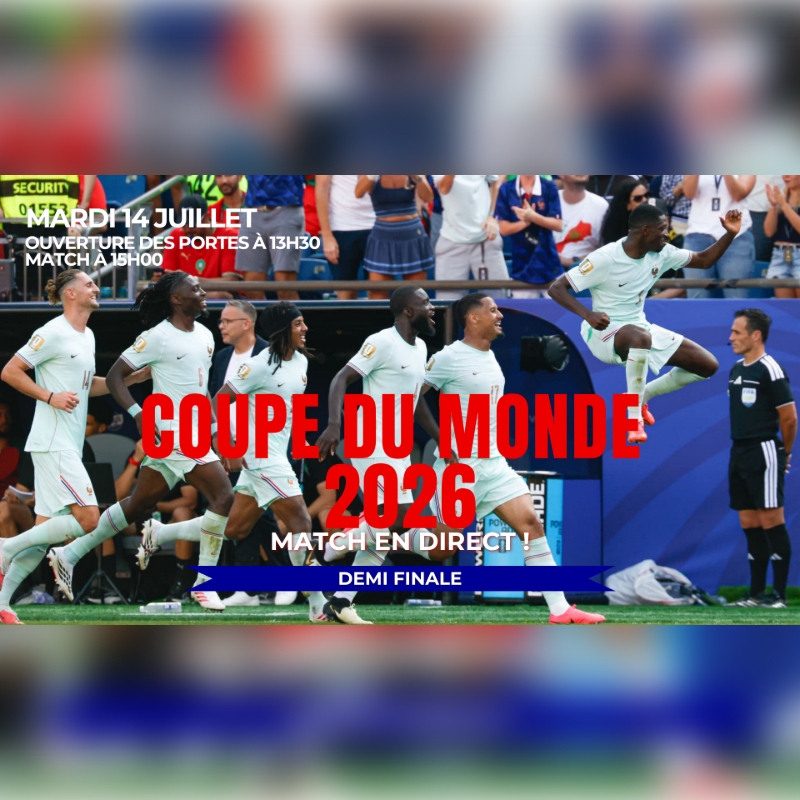 In the foreground, soccer players in white uniforms run across a field, while the background shows a blurred crowd and stadium seating with event details.