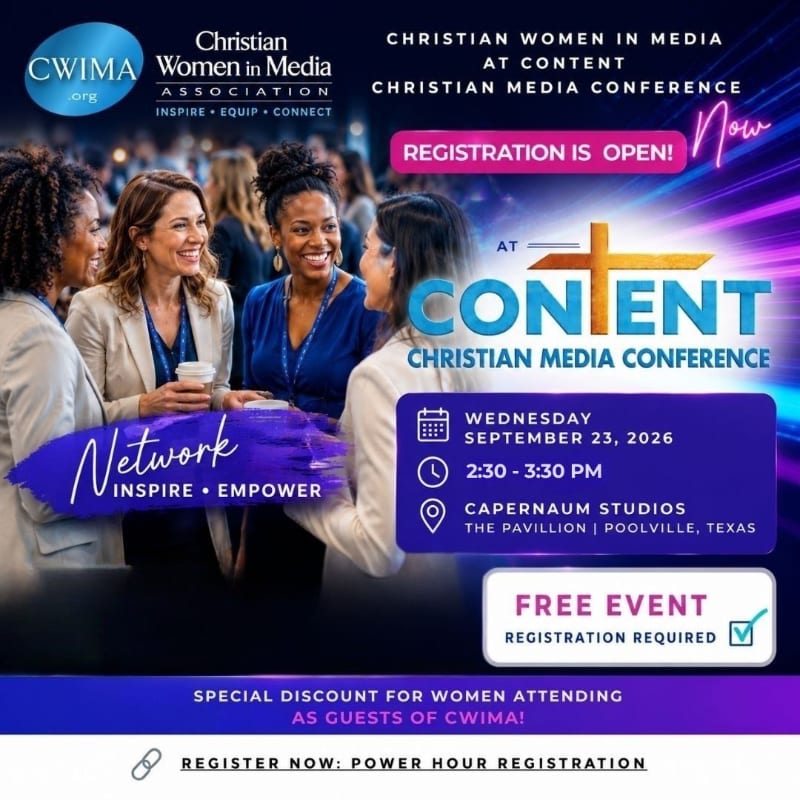 Four smiling women in business attire are in the foreground, while the background features a vibrant "CONTENT CHRISTIAN MEDIA CONFERENCE" banner with event details.