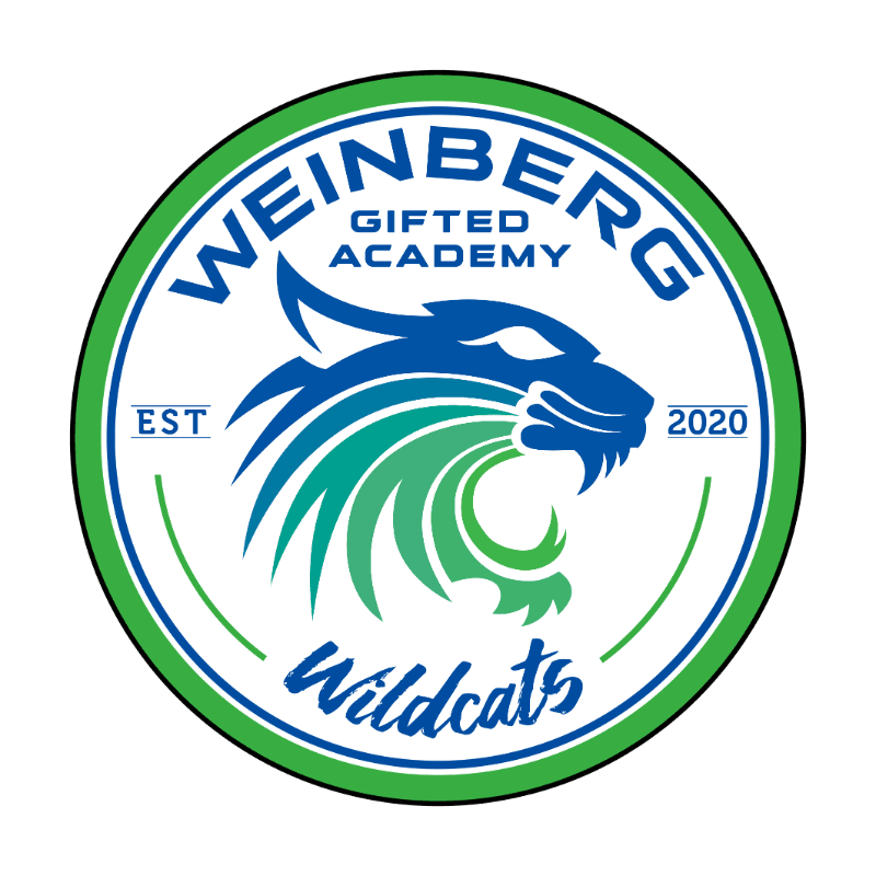 A blue and green wildcat head with the words "WEINBERG GIFTED ACADEMY" and "Wildcats" is centered within a green and white circular logo.