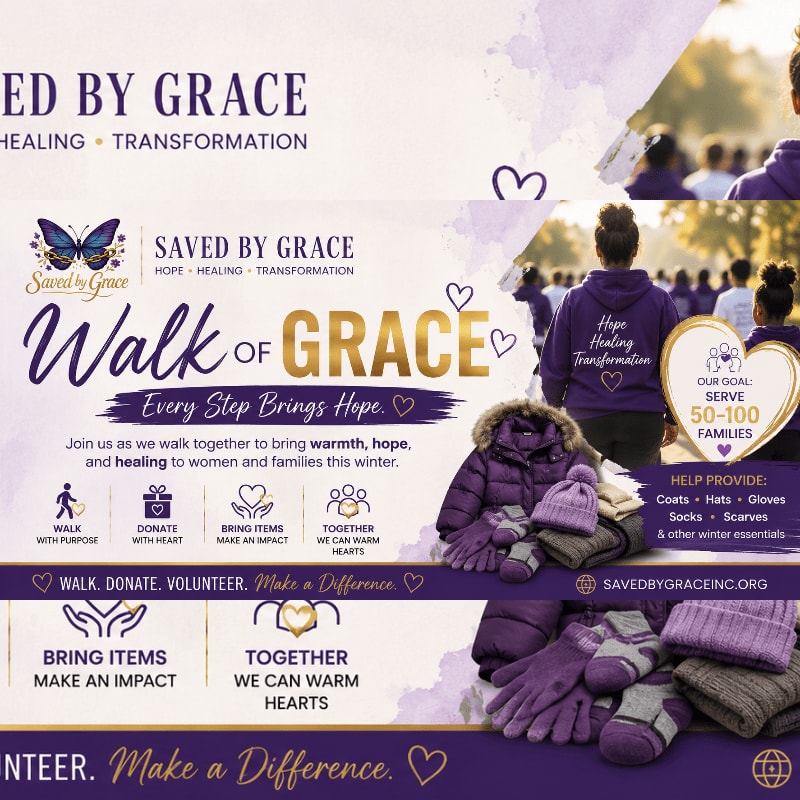 A purple and white graphic advertises the "Walk of Grace" event, featuring winter clothing items in the foreground and a blurred image of people walking in the background.