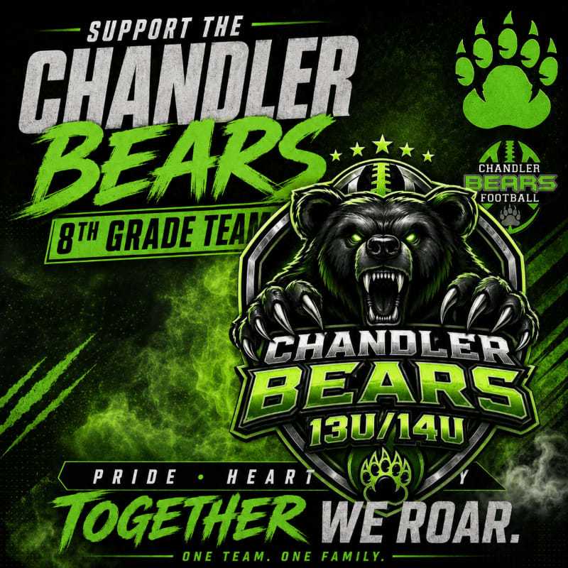 A fierce bear mascot with glowing eyes and sharp claws is the central focus, set against a dark, textured background with green accents and team slogans.