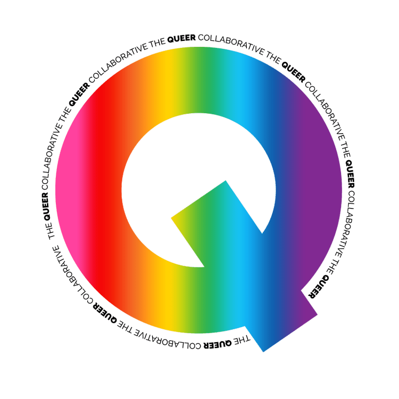 A large, rainbow-colored letter "Q" with the words "THE QUEER COLLABORATIVE" encircling it against a white background.