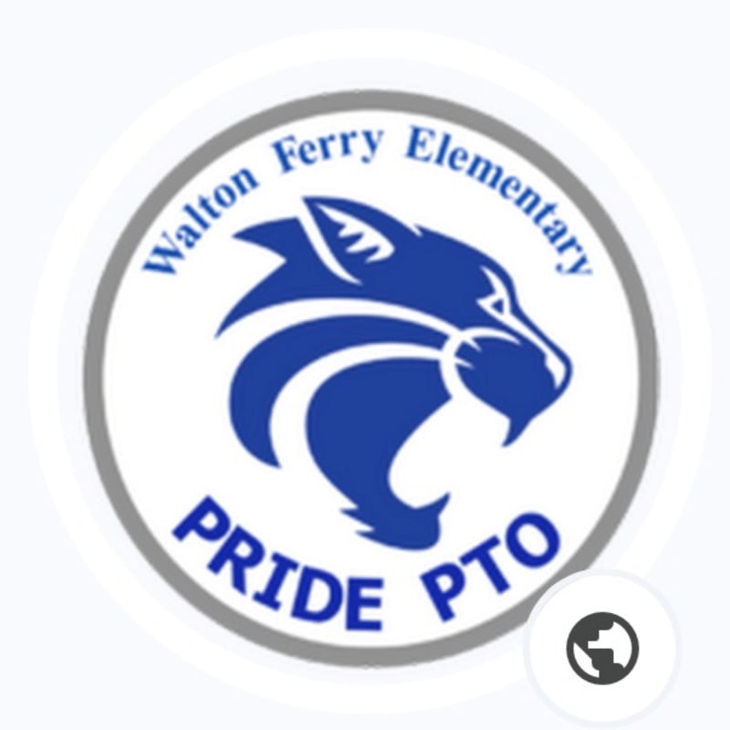 A blue panther head with "Walton Ferry Elementary" above and "PRIDE PTO" below is centered on a white circular background with a gray border.