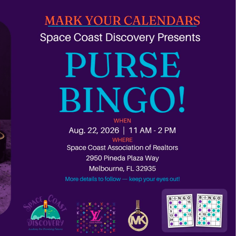 A purple background advertises "Purse Bingo!" with event details, while the foreground features logos and bingo cards.