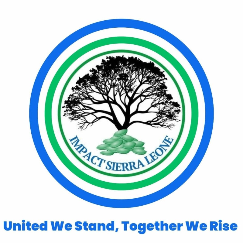 A silhouette of a tree with green oval shapes at its base is centered within concentric blue and green rings, all against a white background with the text "United We Stand, Together We Rise" below.