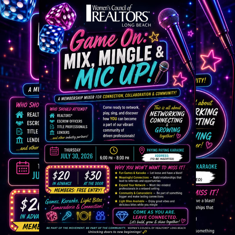 Neon dice and microphones are in the foreground, with a vibrant flyer advertising a "Game On: Mix, Mingle & Mic Up!" membership mixer in the background.