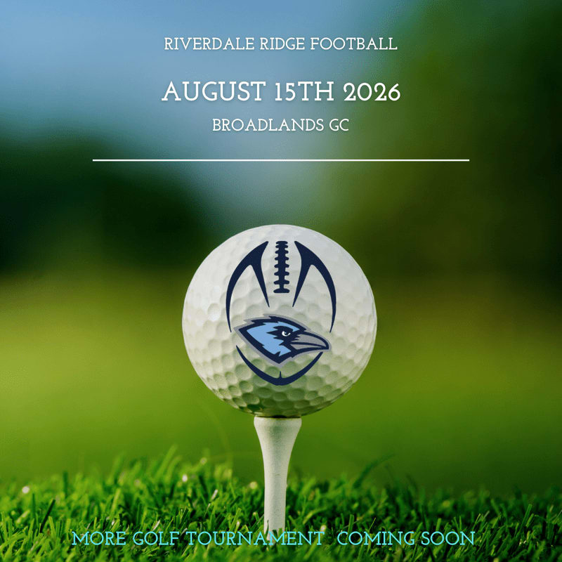 A golf ball with a football design and a bird logo sits on a tee in the foreground, with a blurred green background and text announcing a football event.