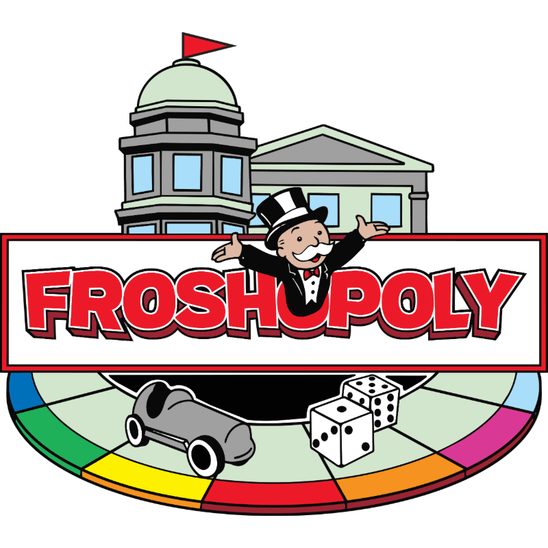 A Monopoly-style game board with a car and dice in the foreground is set against a backdrop of buildings and the "FROSHOPOLY" logo featuring Mr. Monopoly.