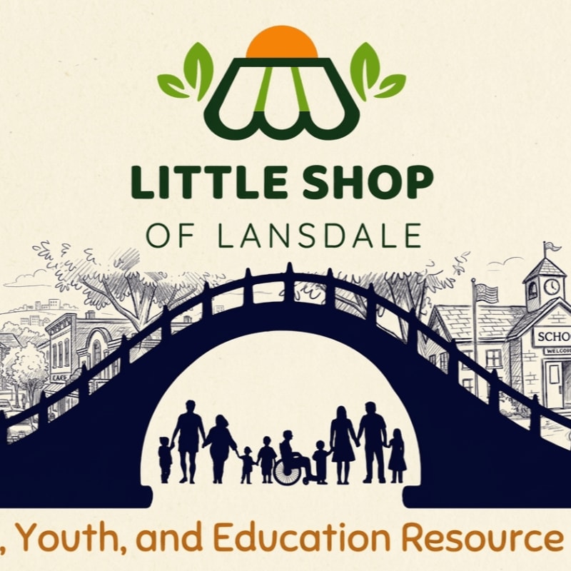 A silhouette of diverse people, including a child in a wheelchair, walk across a bridge in the foreground, with a sketched town and schoolhouse in the background, all under a logo for "Little Shop of Lansdale."