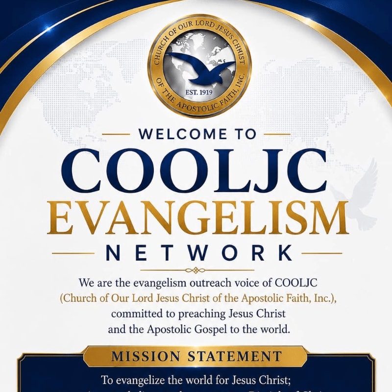 A blue and gold banner with the text "WELCOME TO COOLJC EVANGELISM NETWORK" in the foreground is set against a white background with a subtle world map and a dove graphic in the background.