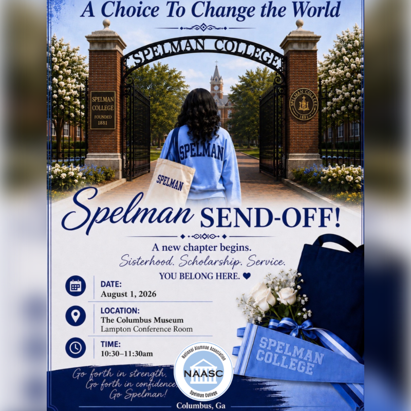 A young woman wearing Spelman College apparel stands before the college gates, with event details for a "Spelman Send-Off!" displayed below.