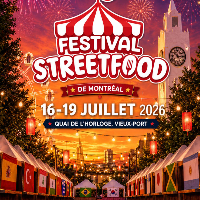 A vibrant street food festival is advertised with colorful stalls in the foreground and a festive cityscape with fireworks in the background.