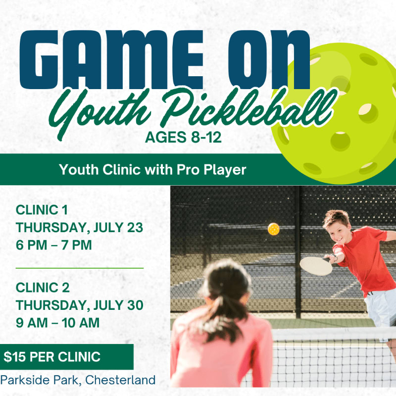A bright green pickleball and bold text announcing "GAME ON Youth Pickleball" are in the foreground, while the background shows two children playing pickleball on a court.