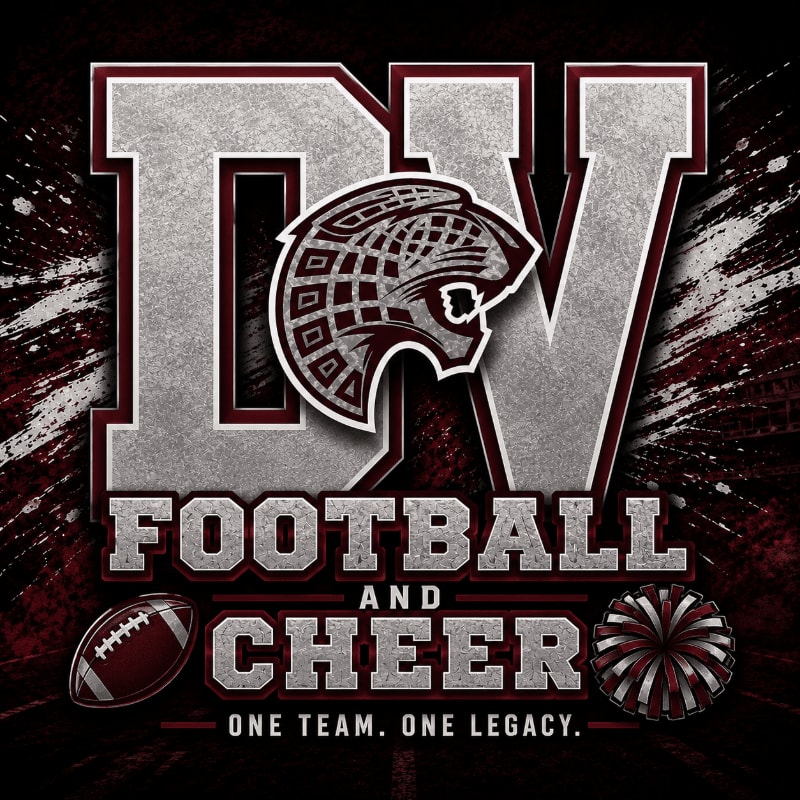 A stylized "DV" logo with a panther head is in the foreground, set against a dark, textured background with splatters of maroon and white.