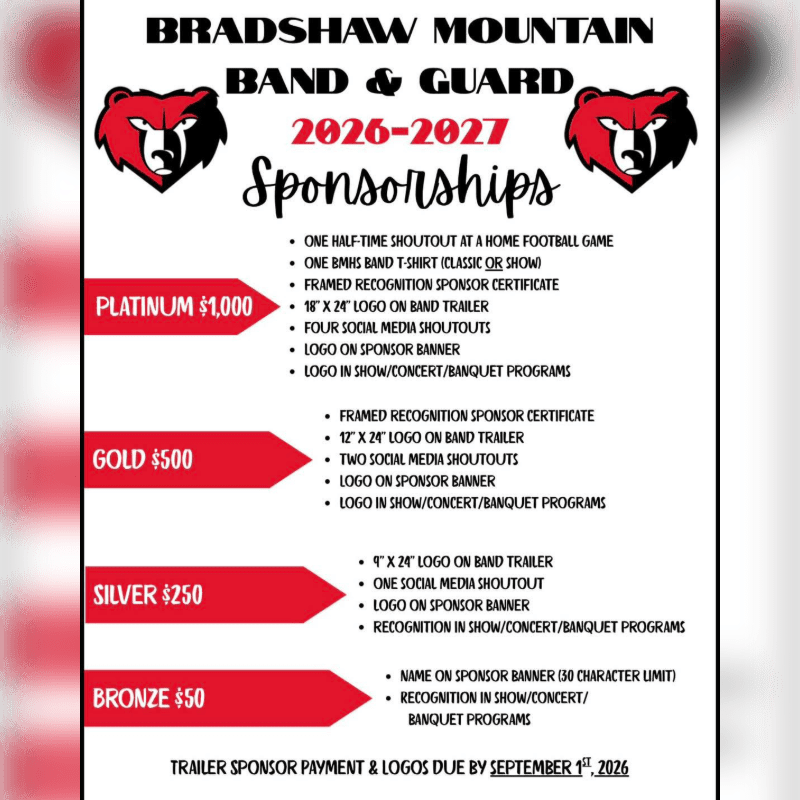 Red and white banners list sponsorship levels and benefits for the Bradshaw Mountain Band & Guard, with a blurred background.