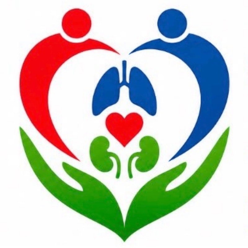 Two stylized figures in red and blue form a heart shape above green hands cradling lungs, a heart, and kidneys.