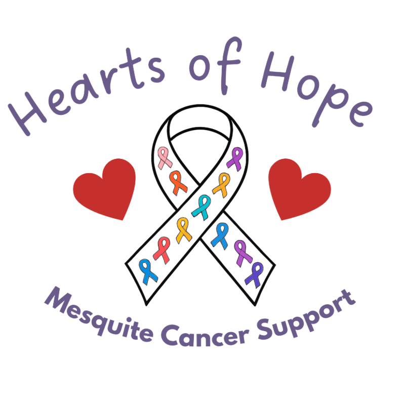 A white ribbon adorned with small, colorful awareness ribbons is centered in the foreground, flanked by two red hearts, with the text "Hearts of Hope" above and "Mesquite Cancer Support" below, all on a white background.