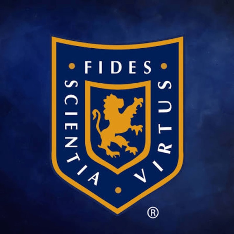 A golden lion rampant on a blue shield with Latin text is centered against a dark blue, textured background.