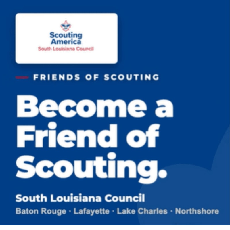 A white box with the Scouting America logo is in the upper left corner, while the rest of the blue background features bold white text that reads "Become a Friend of Scouting."