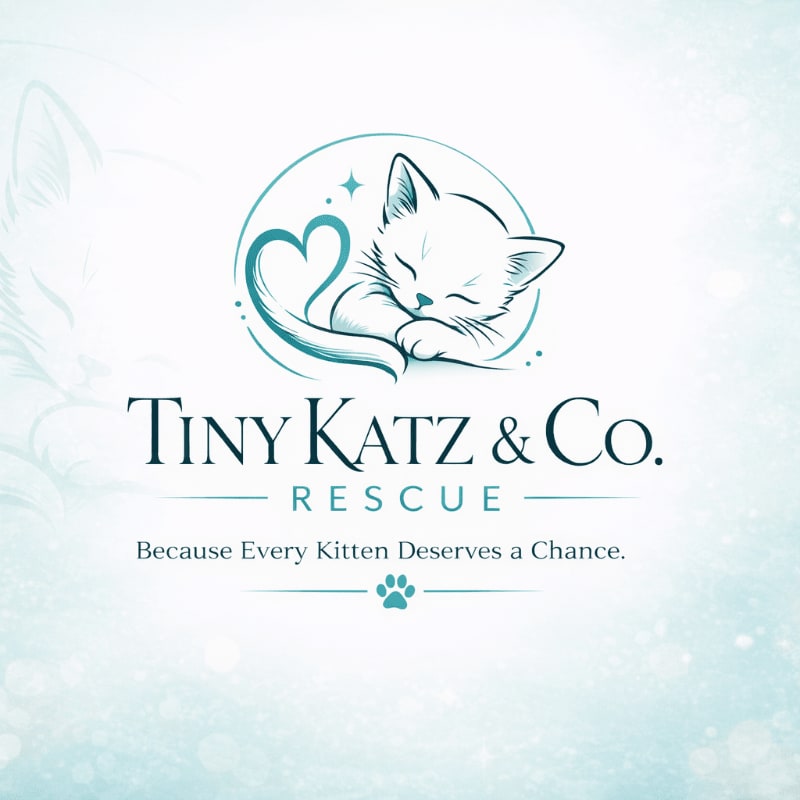 A sleeping kitten curled around a heart forms the central element of a logo for "Tiny Katz & Co. Rescue," set against a soft, bokeh-like background with a faint outline of a cat's head.