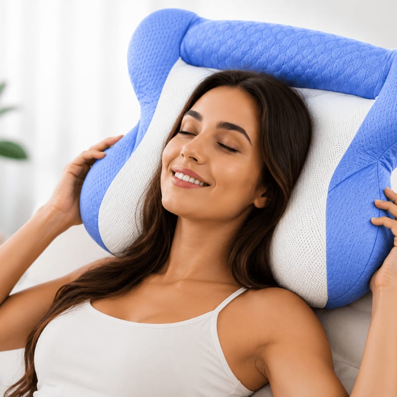 A smiling woman rests her head on a blue and white contoured pillow, with a blurred background suggesting a comfortable indoor setting.