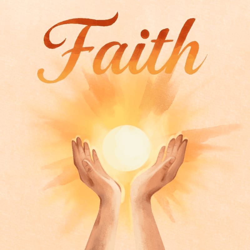 Two cupped hands hold a glowing orb against a soft, peachy background, with the word "Faith" written in warm, gradient lettering above.