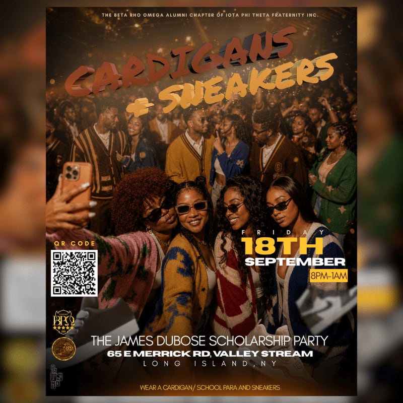 A group of young adults in cardigans and sneakers pose for a selfie in the foreground, while a blurred crowd and event details fill the background of a party flyer.