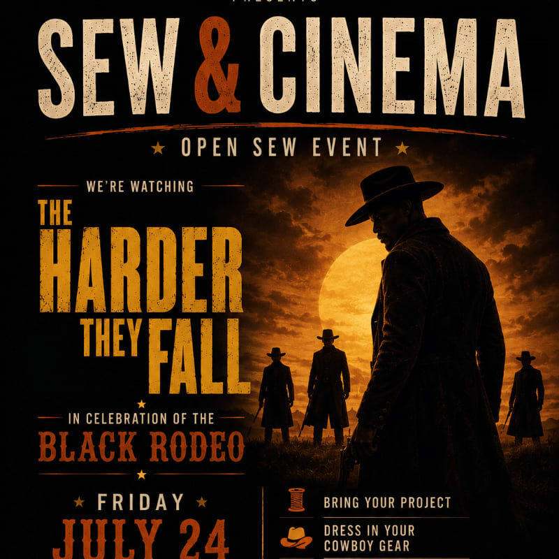 A poster for "Sew & Cinema" features a silhouette of a cowboy in the foreground against a dramatic sunset with other cowboys in the background.