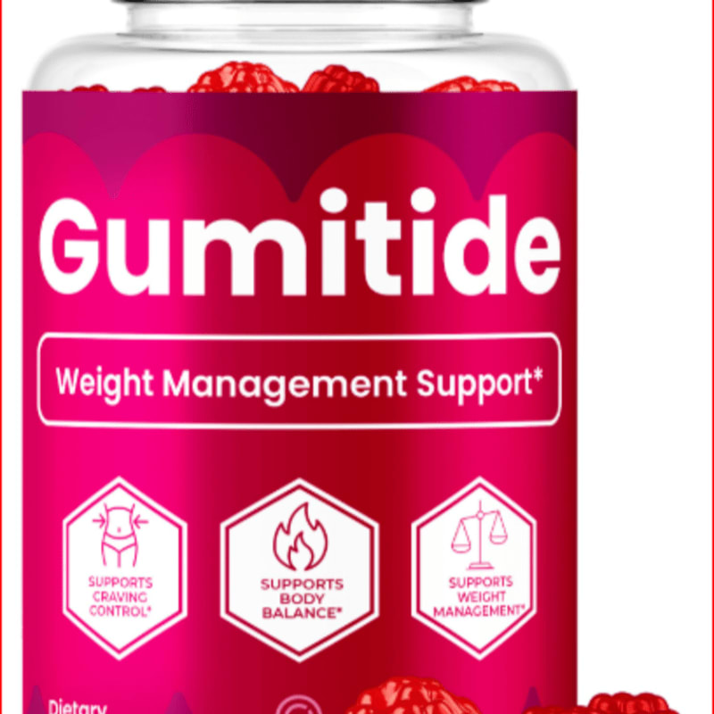 A bottle of "Gumitide Weight Management Support" gummies is shown in the foreground, with a white background.