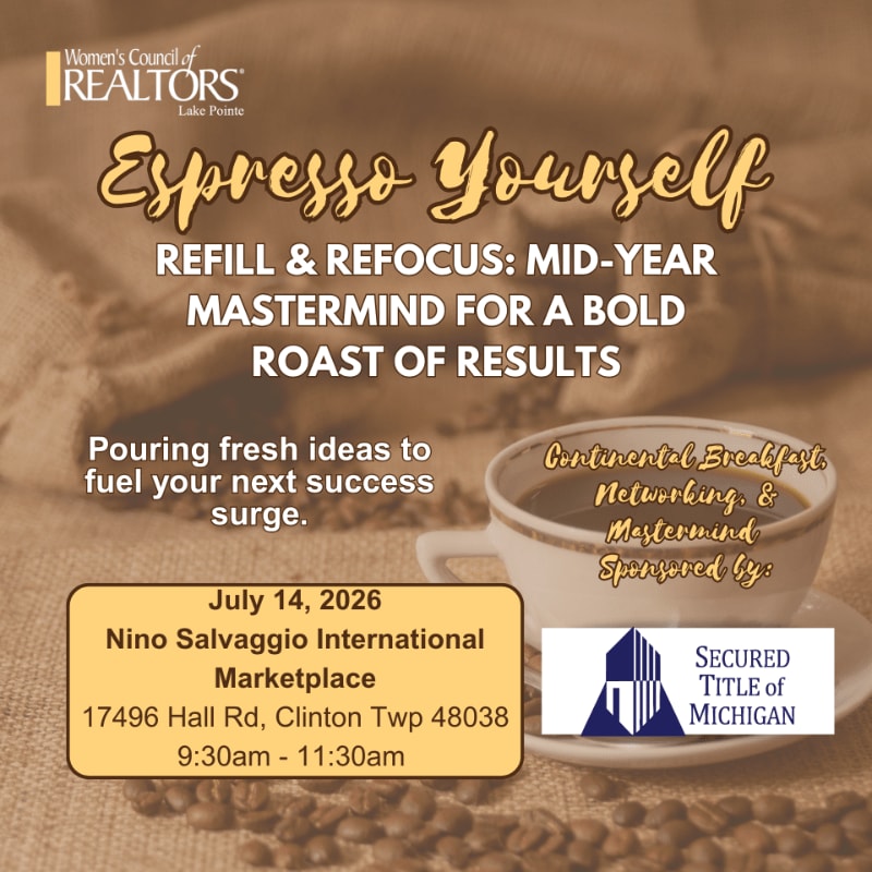A steaming cup of coffee sits on a burlap background with scattered coffee beans in the foreground, advertising a "Mid-Year Mastermind" event.