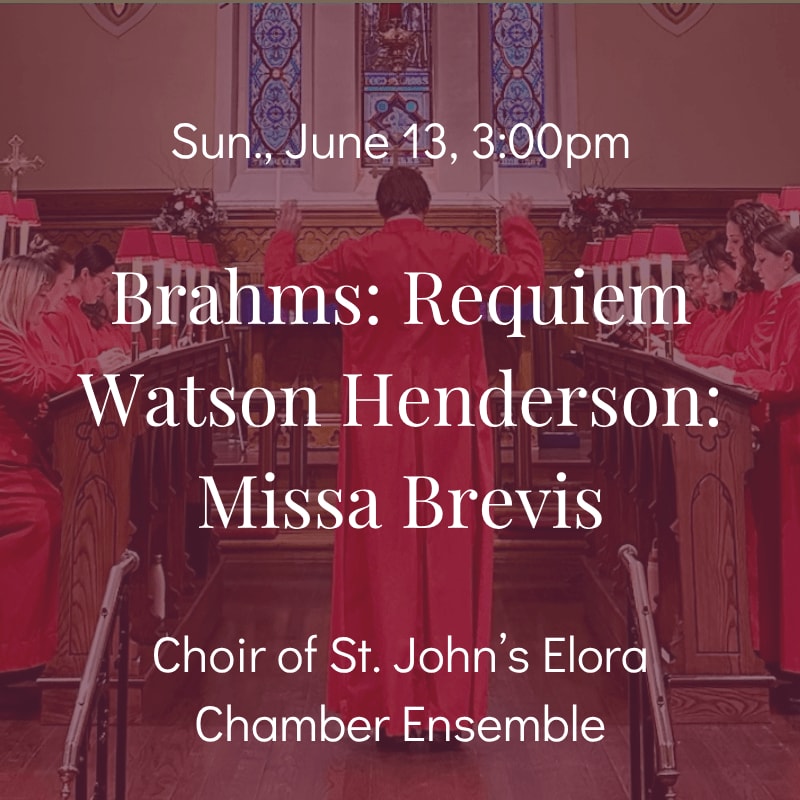 A choir in red robes stands in a church with a conductor facing away from the camera in the foreground, while the background features stained glass windows and an altar.